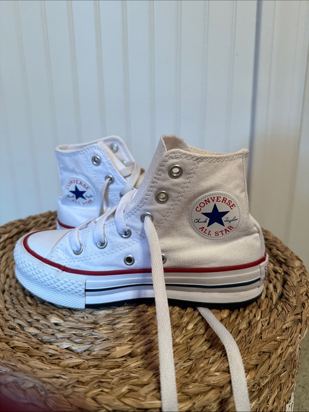 Converse Kids White High Top Sneakers with Red & Navy Trim